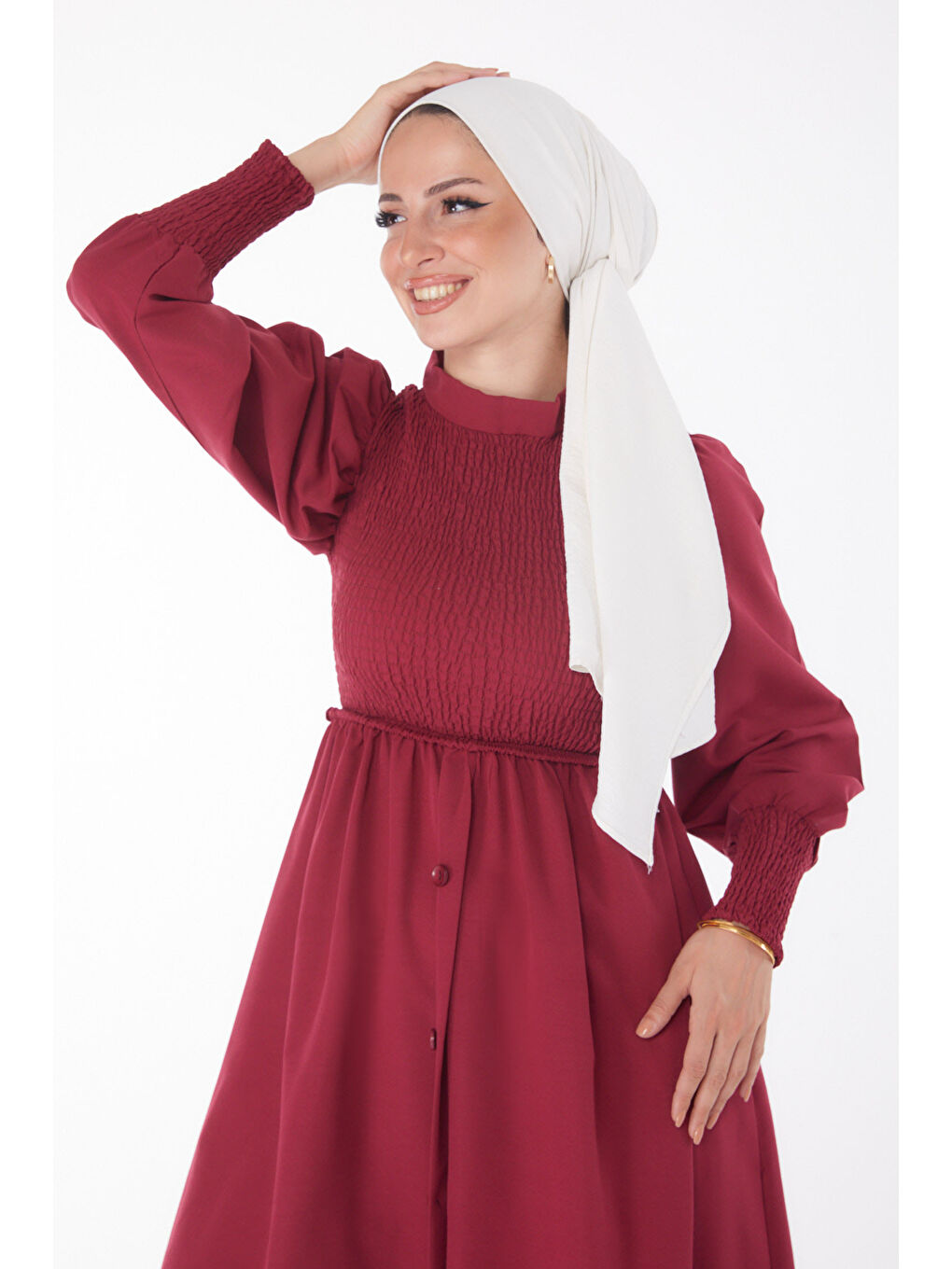 Gipeli Düğmeli Elbise Bordo - 13163-2