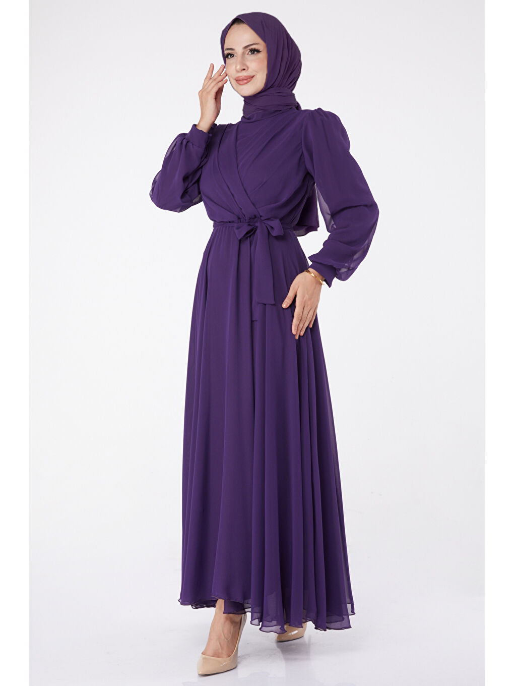 Hakim Yaka Kadın Mor Kruvaze Yaka Kuşaklı Abiye Elbise - 23864-1