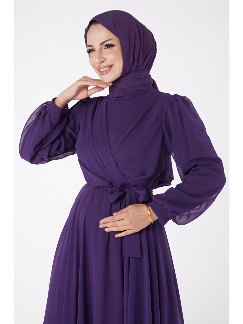 Hakim Yaka Kadın Mor Kruvaze Yaka Kuşaklı Abiye Elbise - 23864-2