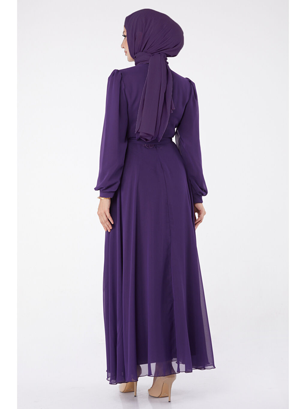 Hakim Yaka Kadın Mor Kruvaze Yaka Kuşaklı Abiye Elbise - 23864-4