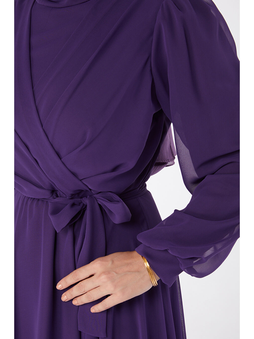 Hakim Yaka Kadın Mor Kruvaze Yaka Kuşaklı Abiye Elbise - 23864-5
