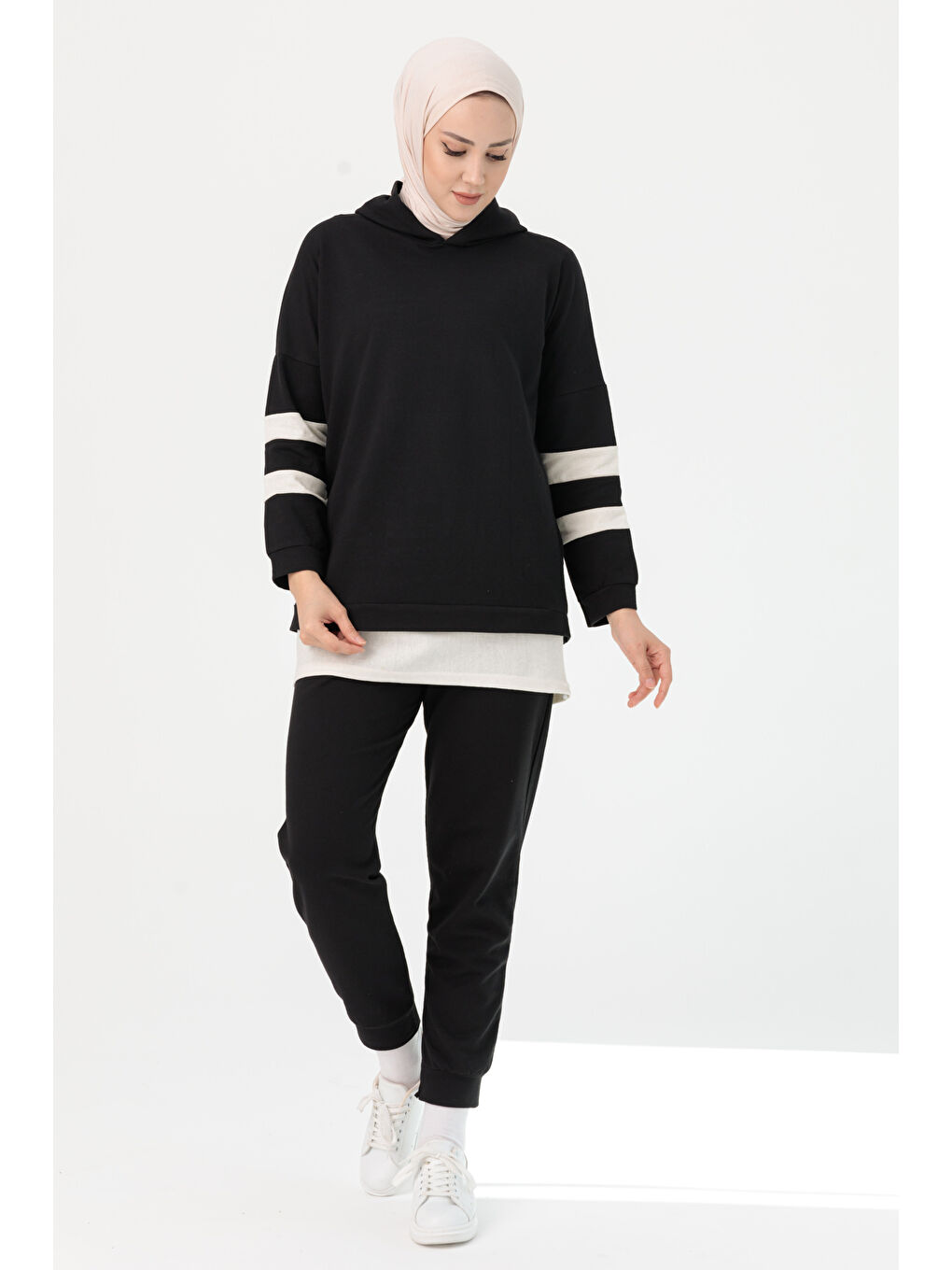 Kapüşonlu Yaka Kadın Siyah Tunik Pantolon - 3024-2