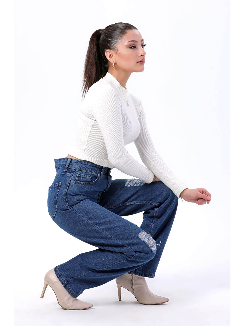 Orta Kadın Mavi Palazzo Lazerli Jean Pantolon - 23807-2
