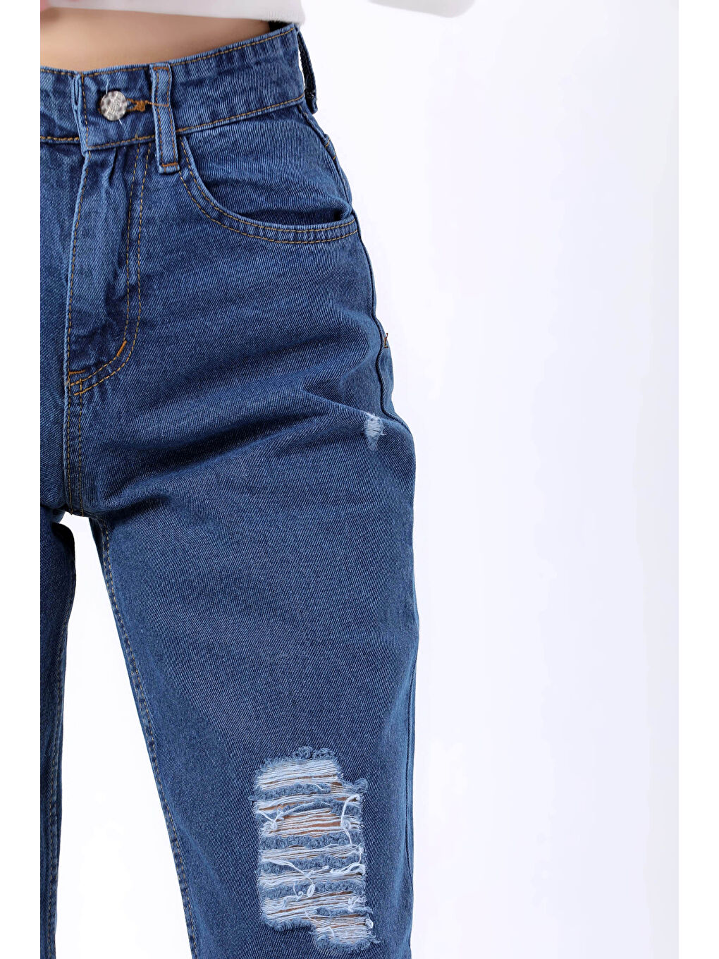 Orta Kadın Mavi Palazzo Lazerli Jean Pantolon - 23807-3