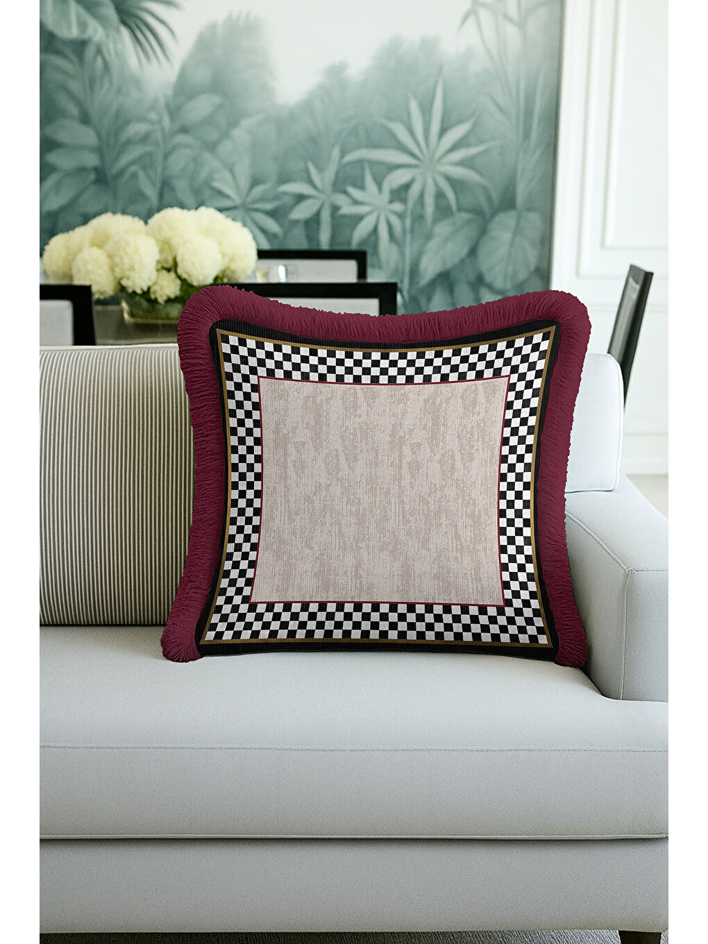 Karışık Lüks Ekose Saçaklı Yastık Kılıfı - Modern Kare Siyah Altın Renkli Bordo Püsküllü Kırlent Kılıfı-1