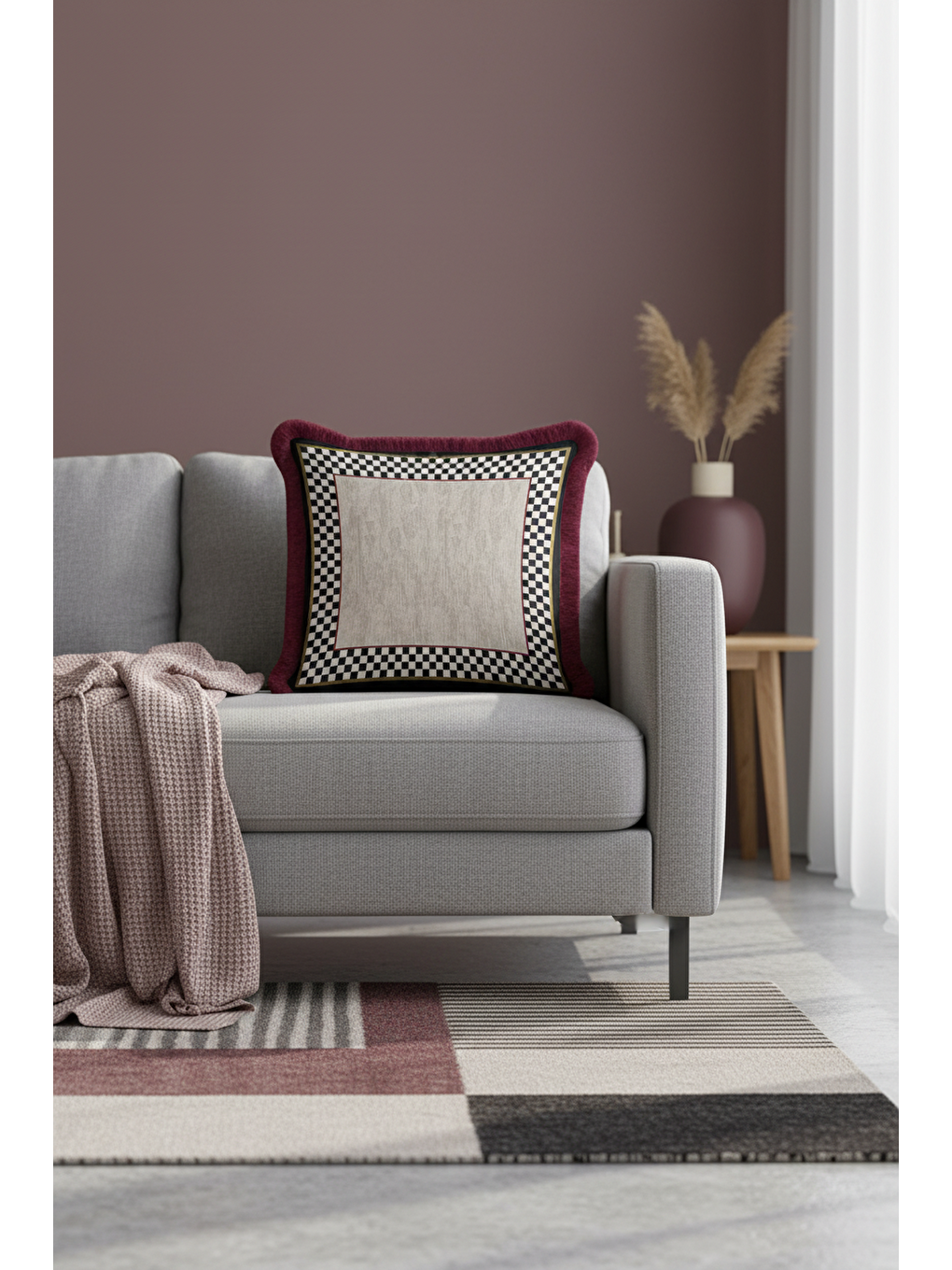 Karışık Lüks Ekose Saçaklı Yastık Kılıfı - Modern Kare Siyah Altın Renkli Bordo Püsküllü Kırlent Kılıfı-2