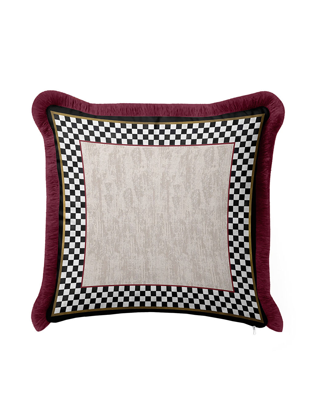 Karışık Lüks Ekose Saçaklı Yastık Kılıfı - Modern Kare Siyah Altın Renkli Bordo Püsküllü Kırlent Kılıfı-3