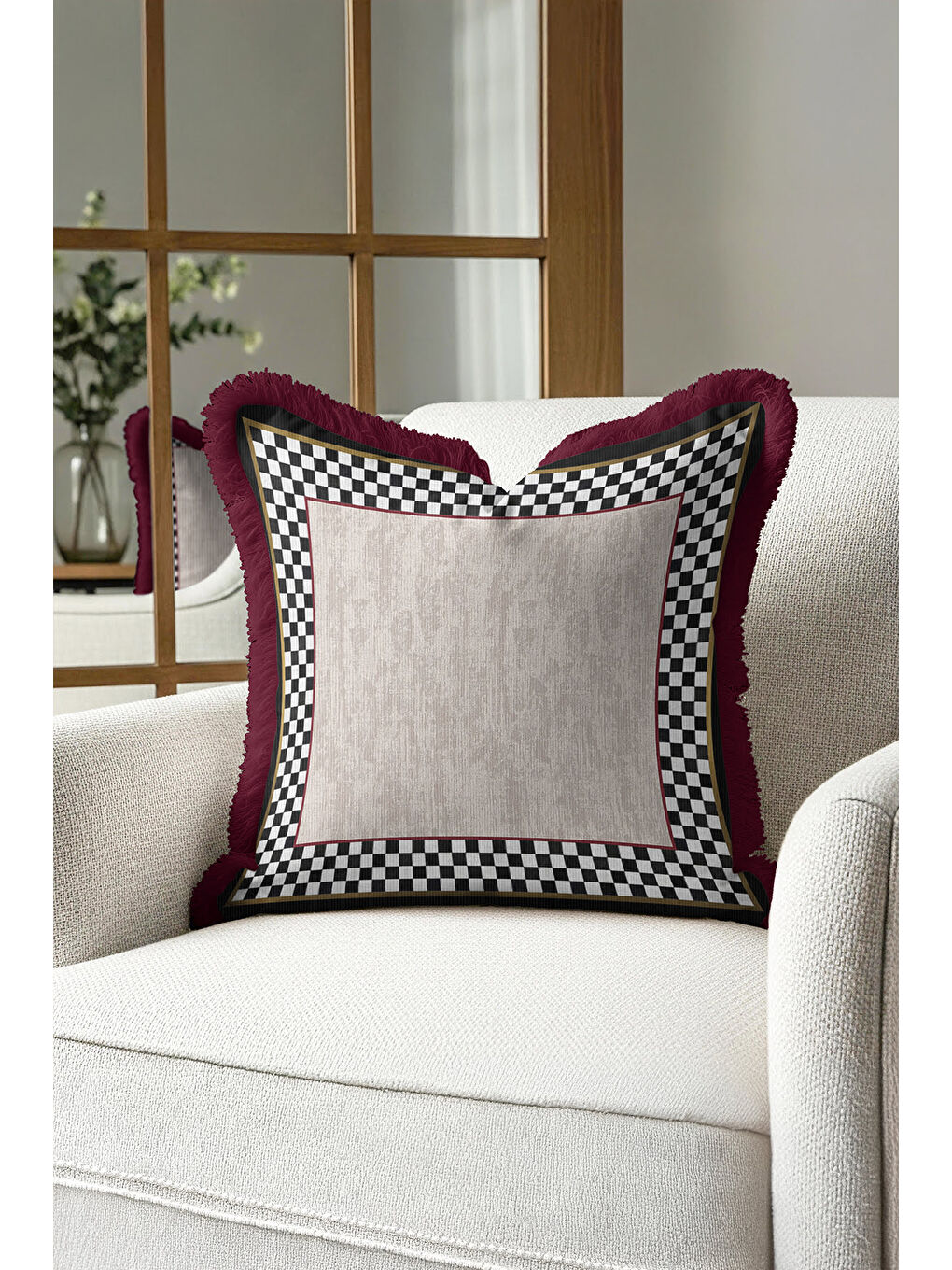 Karışık Lüks Ekose Saçaklı Yastık Kılıfı - Modern Kare Siyah Altın Renkli Bordo Püsküllü Kırlent Kılıfı-4