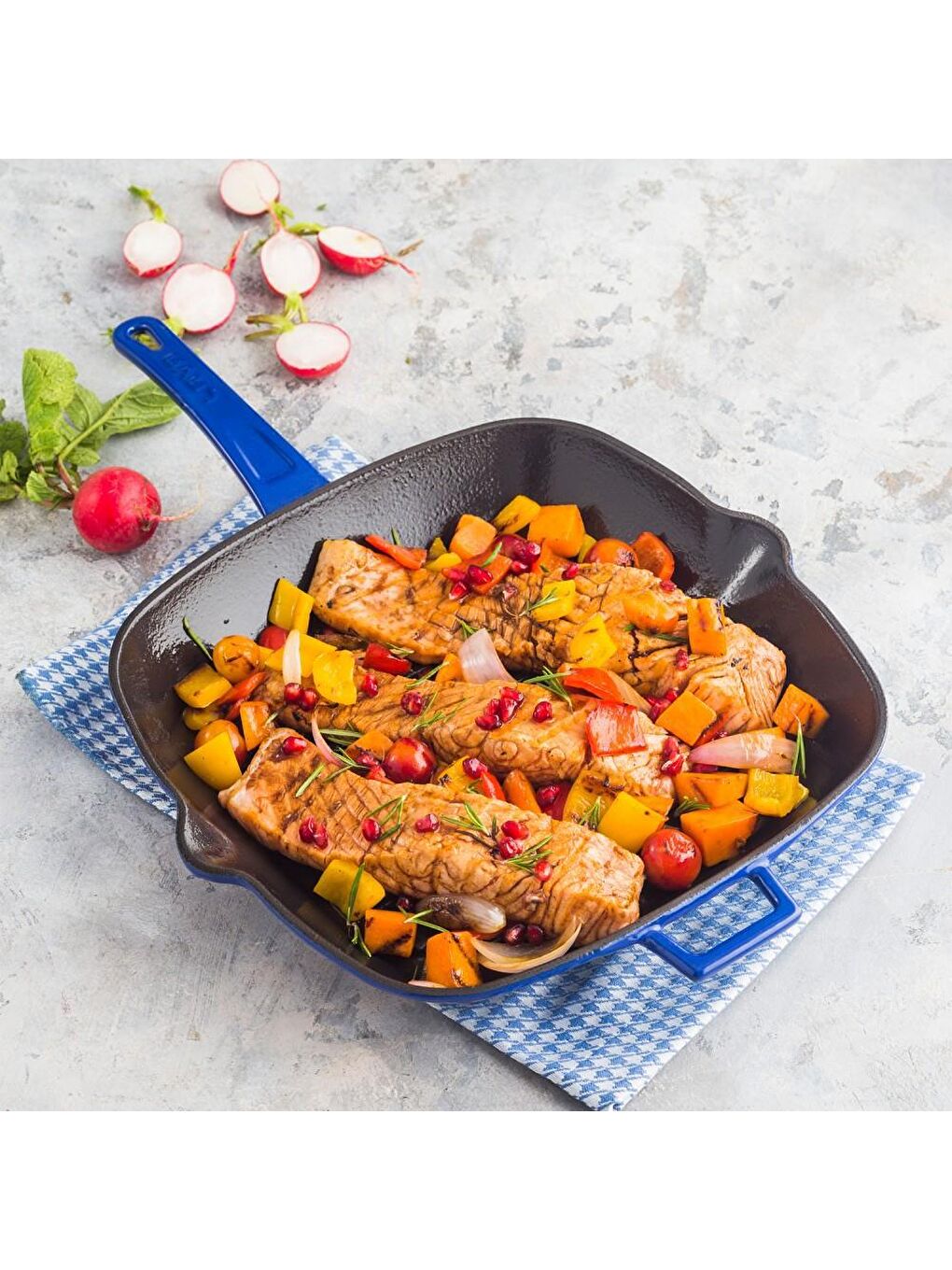 Turuncu Kare Izgara Tava Cam Kapaklı Döküm Demir Yekpare Saplı Ölçü 28x28cm.-3