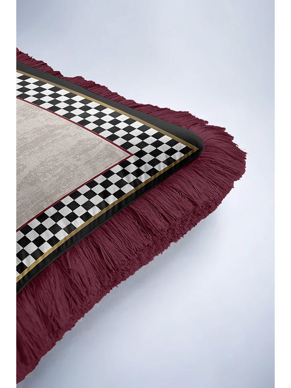 Karışık Lüks Ekose Saçaklı Yastık Kılıfı - Modern Kare Siyah Altın Renkli Bordo Püsküllü Kırlent Kılıfı-6