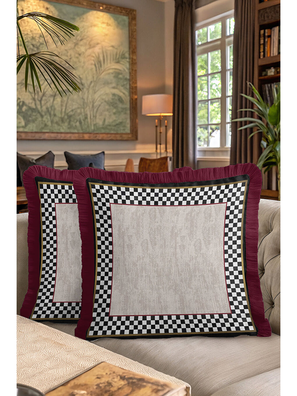 Karışık Lüks Ekose Saçaklı Yastık Kılıfı - Modern Kare Siyah Altın Renkli Bordo Püsküllü Kırlent Kılıfı-7