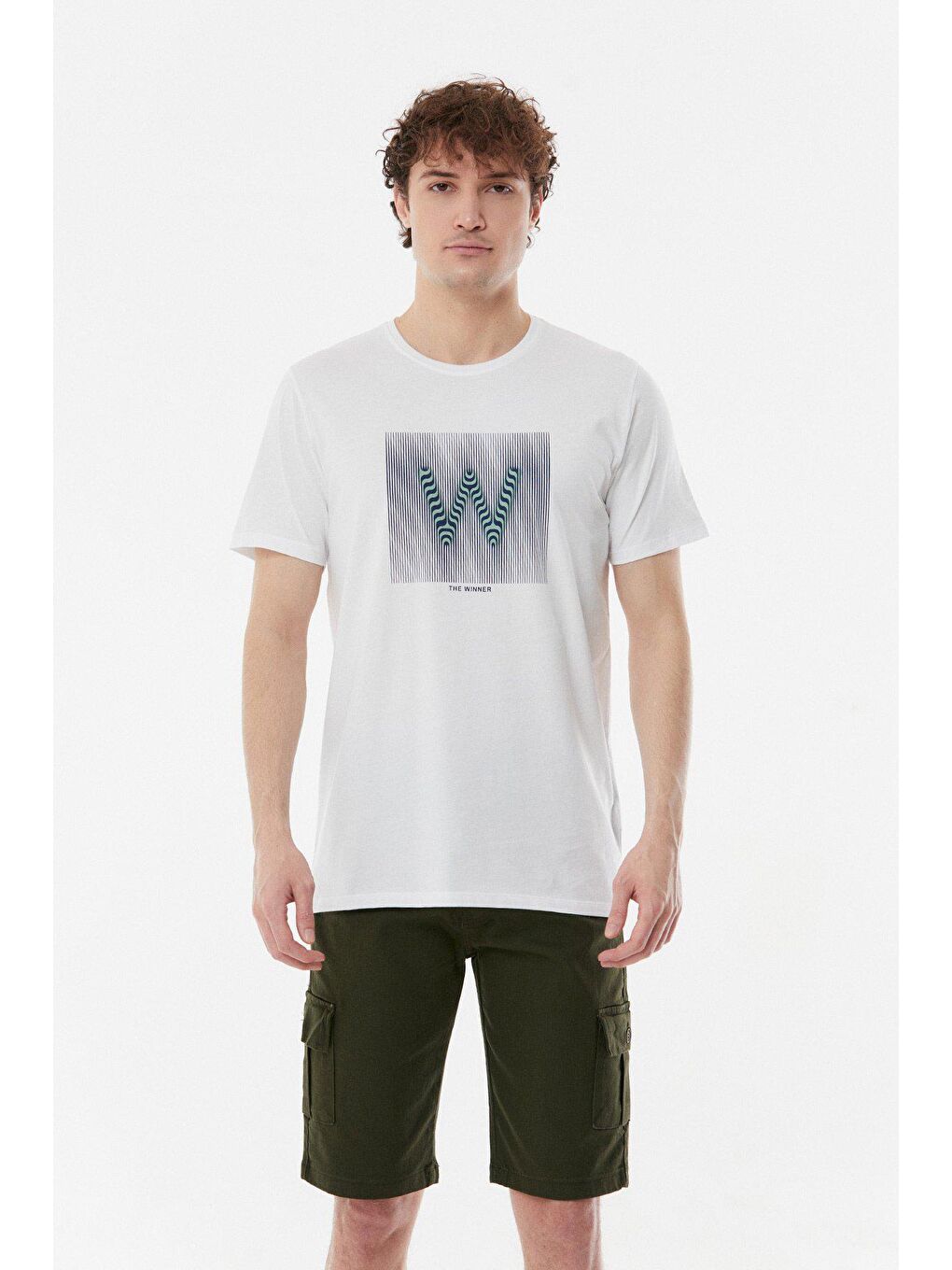 Beyaz Baskılı Bisiklet Yaka Tişört