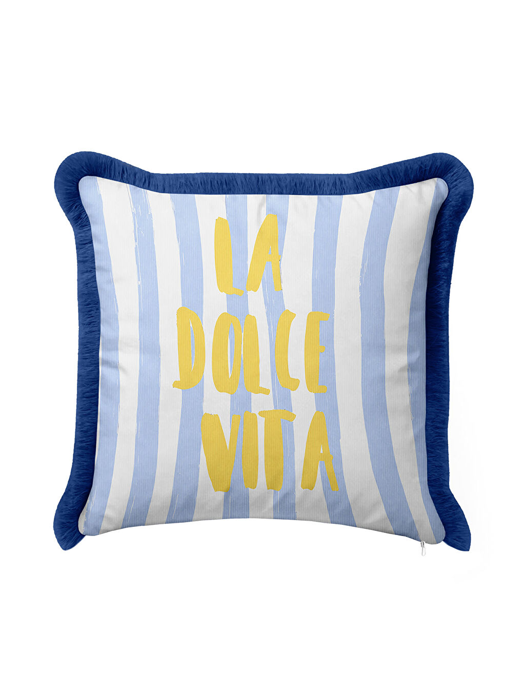 Karışık Akdeniz Stil Çizgili Saçaklı Yastık Kılıfı - Pastel Mavi Coastal Sarı Yazılı Püsküllü Kırlent Kılıfı-1