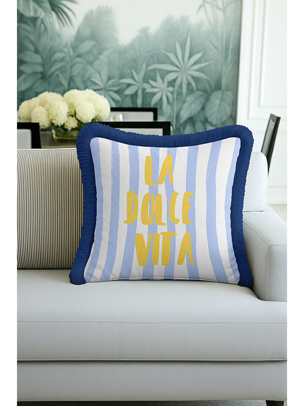 Karışık Akdeniz Stil Çizgili Saçaklı Yastık Kılıfı - Pastel Mavi Coastal Sarı Yazılı Püsküllü Kırlent Kılıfı-2