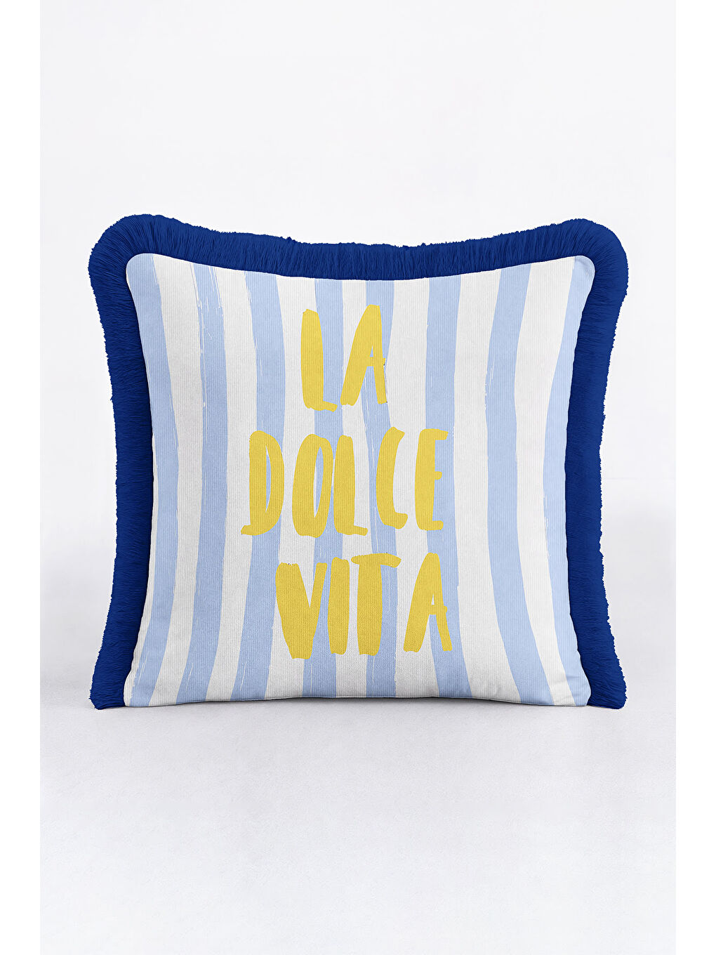 Karışık Akdeniz Stil Çizgili Saçaklı Yastık Kılıfı - Pastel Mavi Coastal Sarı Yazılı Püsküllü Kırlent Kılıfı-3