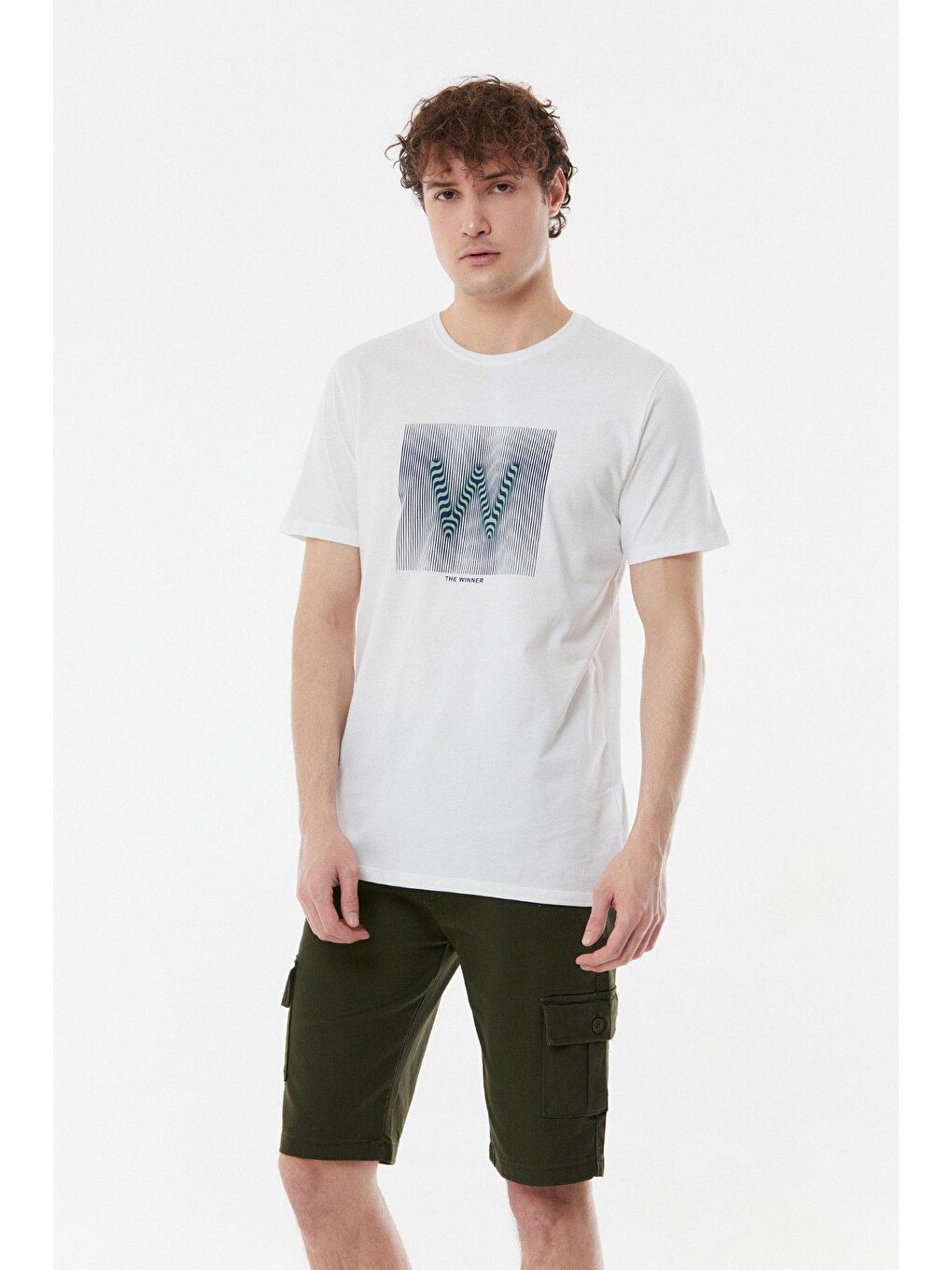 Beyaz Baskılı Bisiklet Yaka Tişört-2