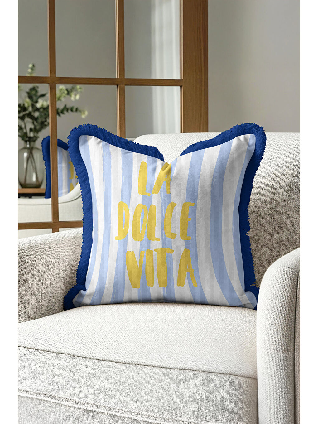 Karışık Akdeniz Stil Çizgili Saçaklı Yastık Kılıfı - Pastel Mavi Coastal Sarı Yazılı Püsküllü Kırlent Kılıfı-4
