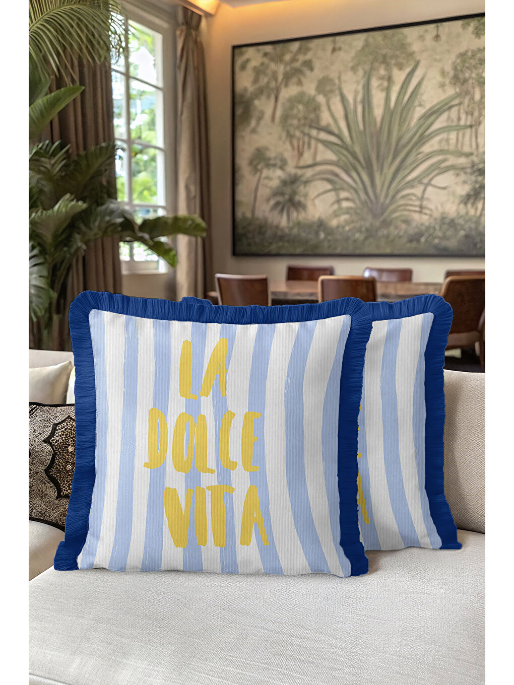 Karışık Akdeniz Stil Çizgili Saçaklı Yastık Kılıfı - Pastel Mavi Coastal Sarı Yazılı Püsküllü Kırlent Kılıfı-5