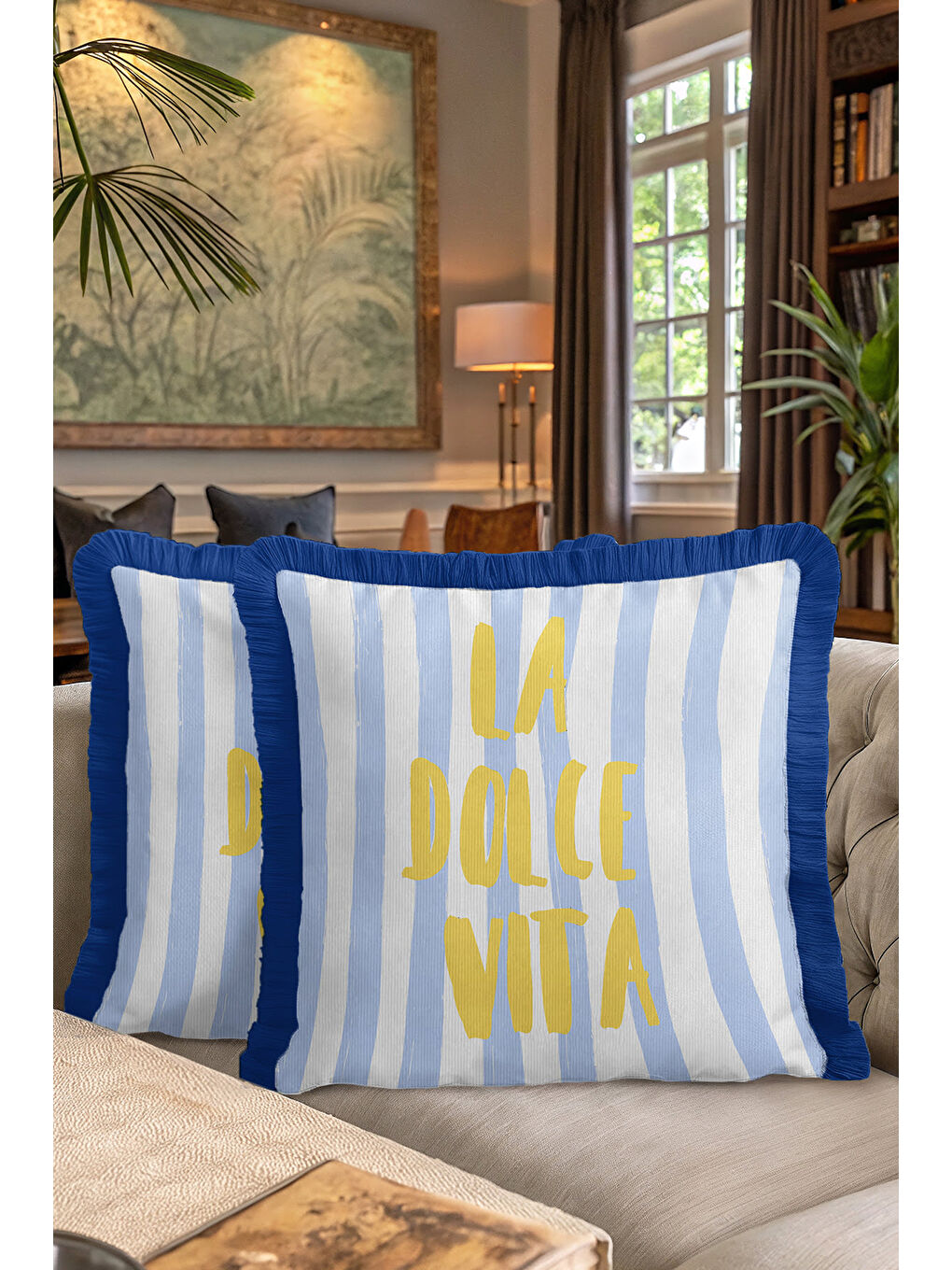 Karışık Akdeniz Stil Çizgili Saçaklı Yastık Kılıfı - Pastel Mavi Coastal Sarı Yazılı Püsküllü Kırlent Kılıfı-7