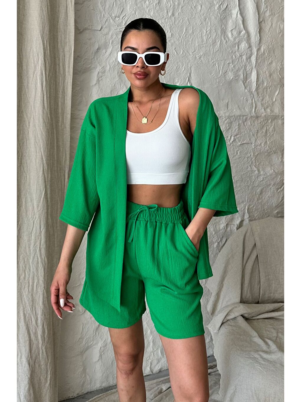 Kadın Yeşil Kimono Gömlek Şort Alt Üst Takım