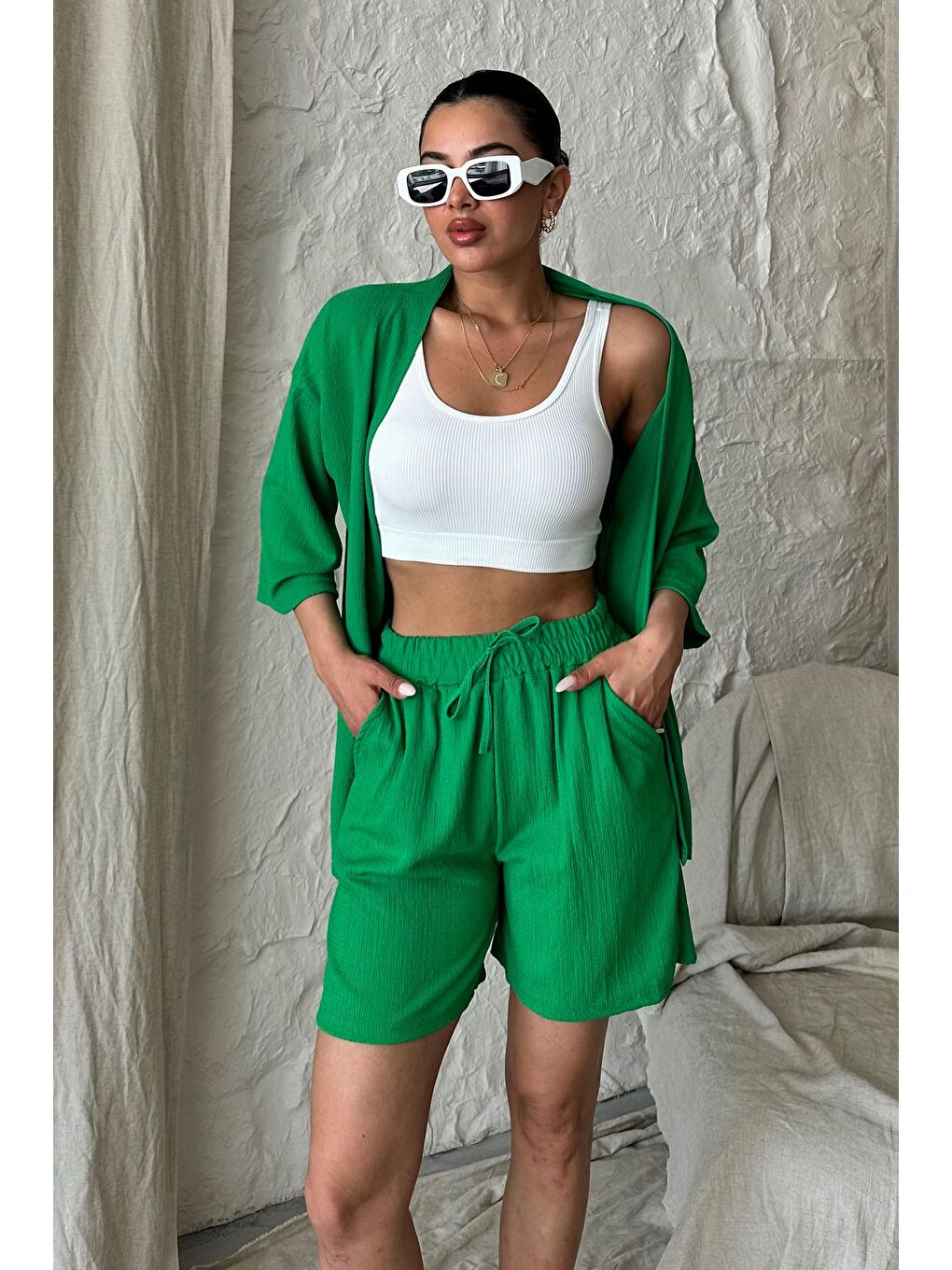 Kadın Yeşil Kimono Gömlek Şort Alt Üst Takım-1
