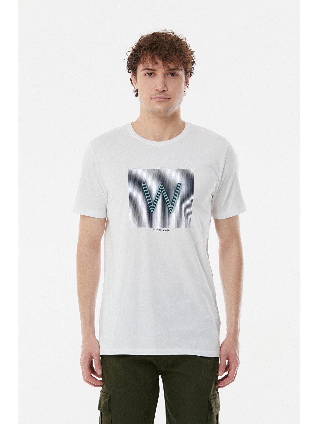 Beyaz Baskılı Bisiklet Yaka Tişört-4