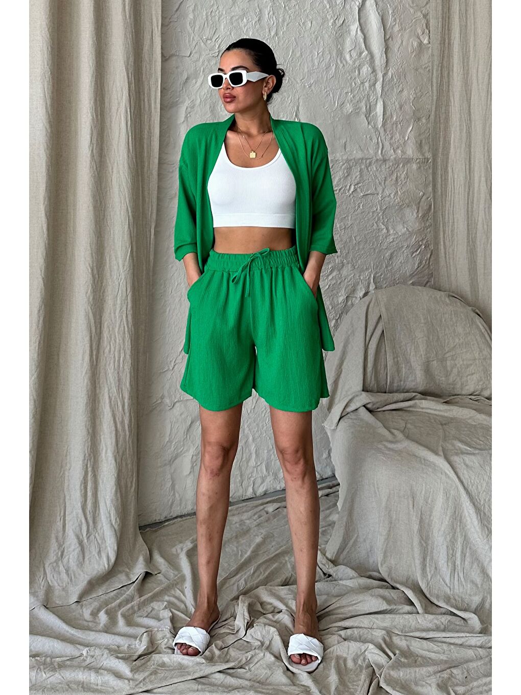 Kadın Yeşil Kimono Gömlek Şort Alt Üst Takım-2