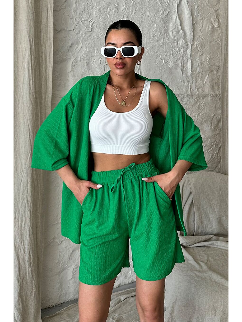 Kadın Yeşil Kimono Gömlek Şort Alt Üst Takım-3