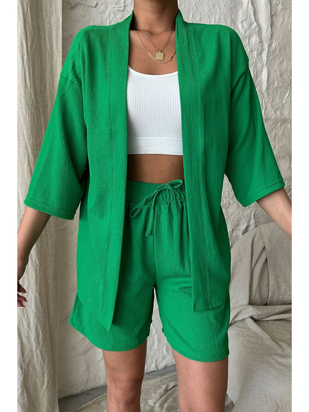 Kadın Yeşil Kimono Gömlek Şort Alt Üst Takım-4