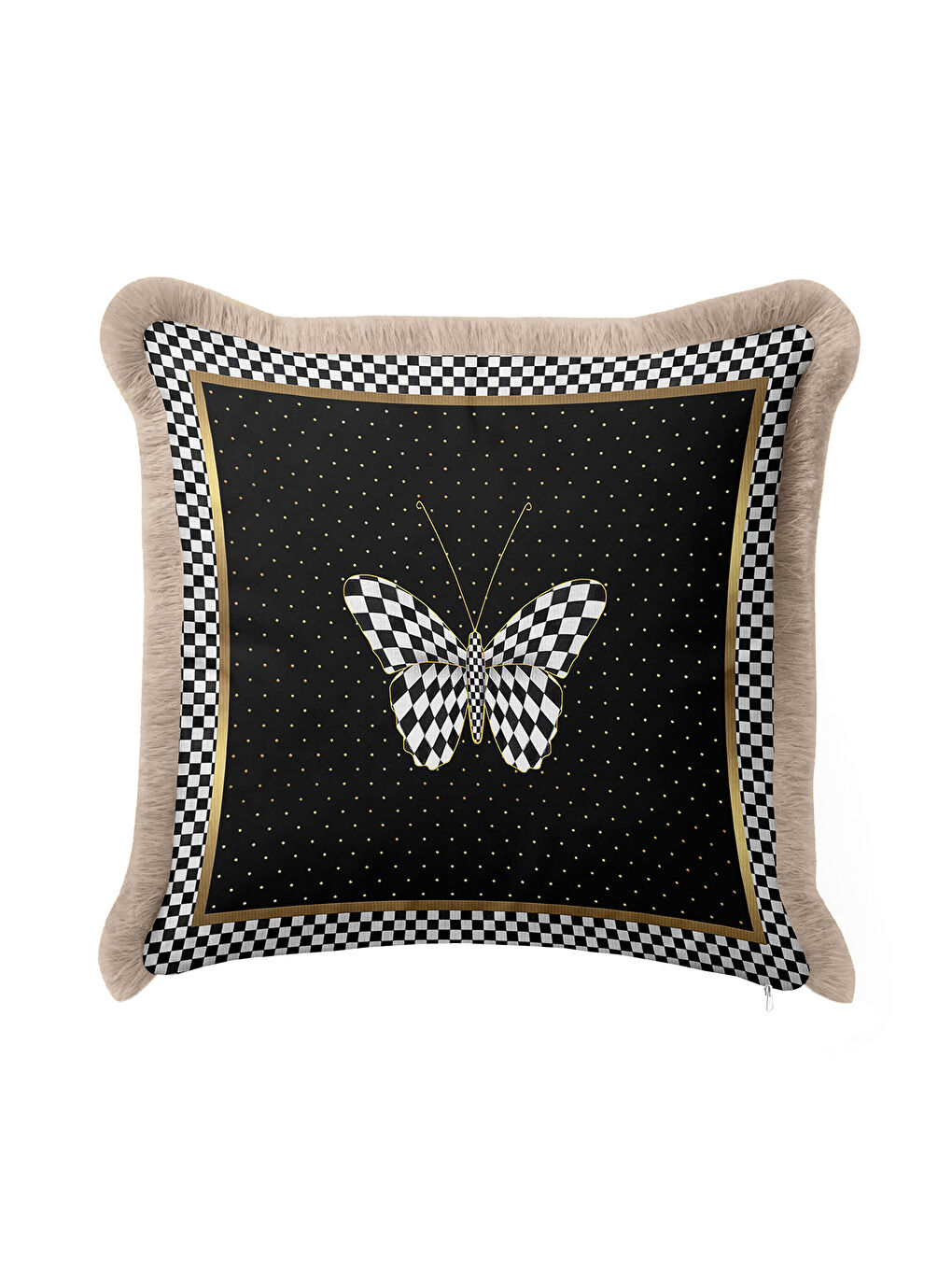 Karışık Lüks Geometrik Kelebek Saçaklı Yastık Kılıfı - Monokrom Bohem Siyah Gold Püsküllü Kırlent Kılıfı