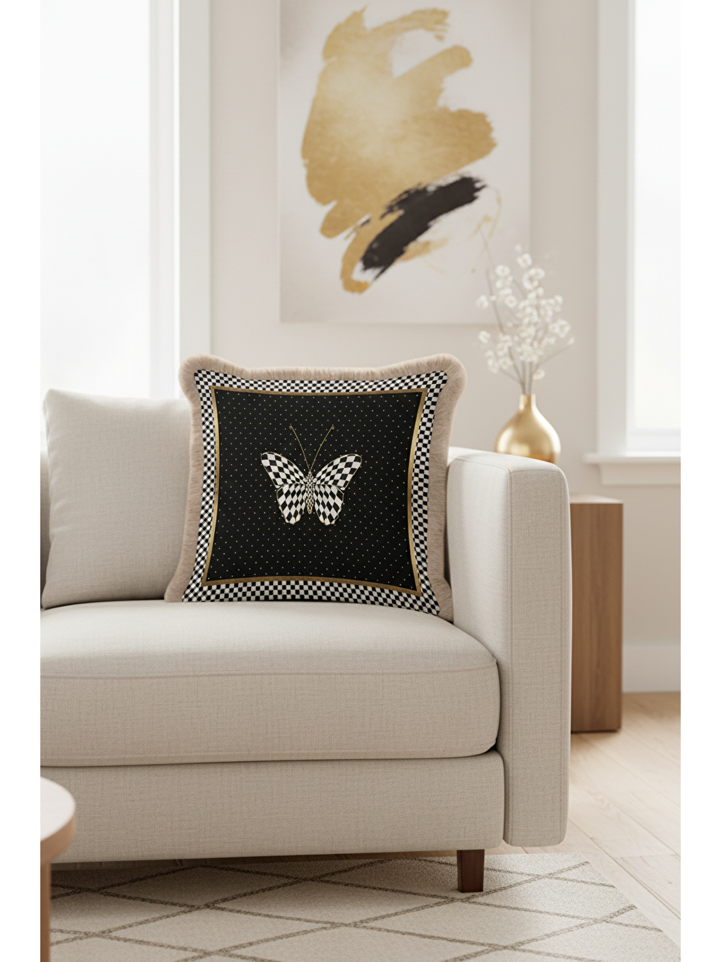 Karışık Lüks Geometrik Kelebek Saçaklı Yastık Kılıfı - Monokrom Bohem Siyah Gold Püsküllü Kırlent Kılıfı-1