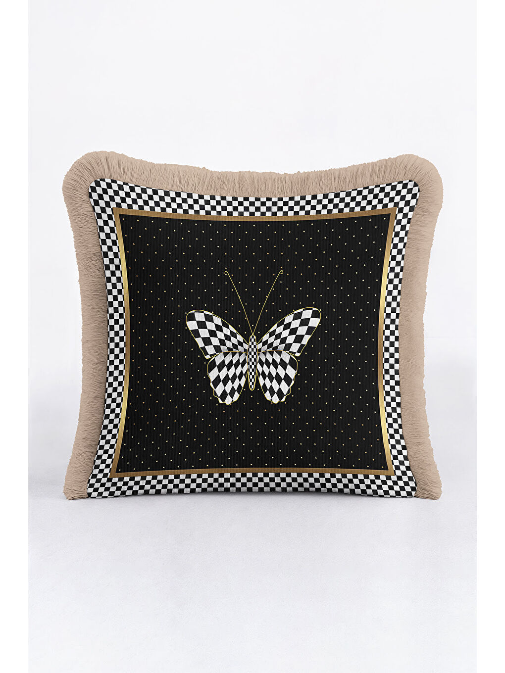 Karışık Lüks Geometrik Kelebek Saçaklı Yastık Kılıfı - Monokrom Bohem Siyah Gold Püsküllü Kırlent Kılıfı-2