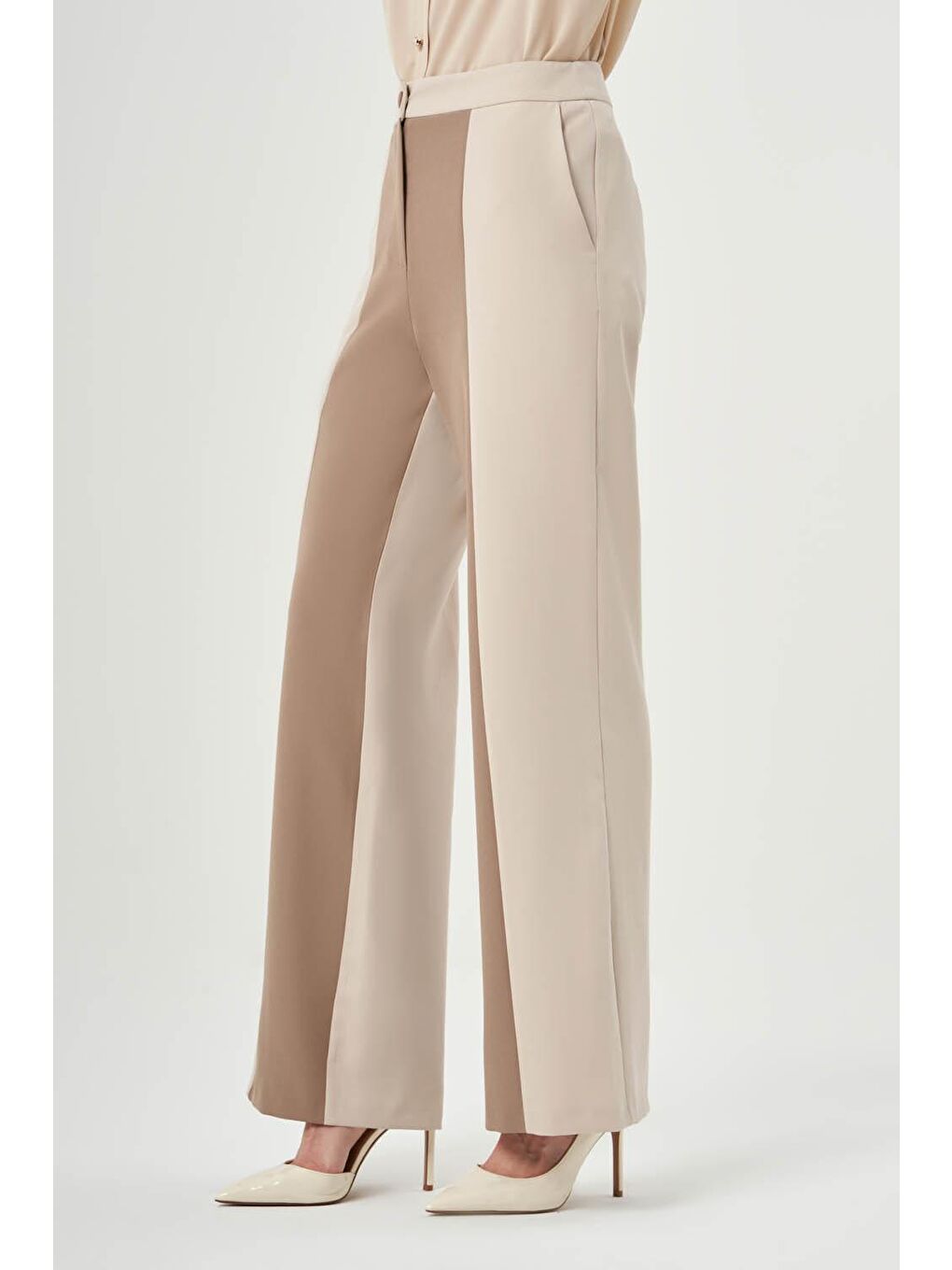 Bej Parça Bloklu Vizon Pantolon-4