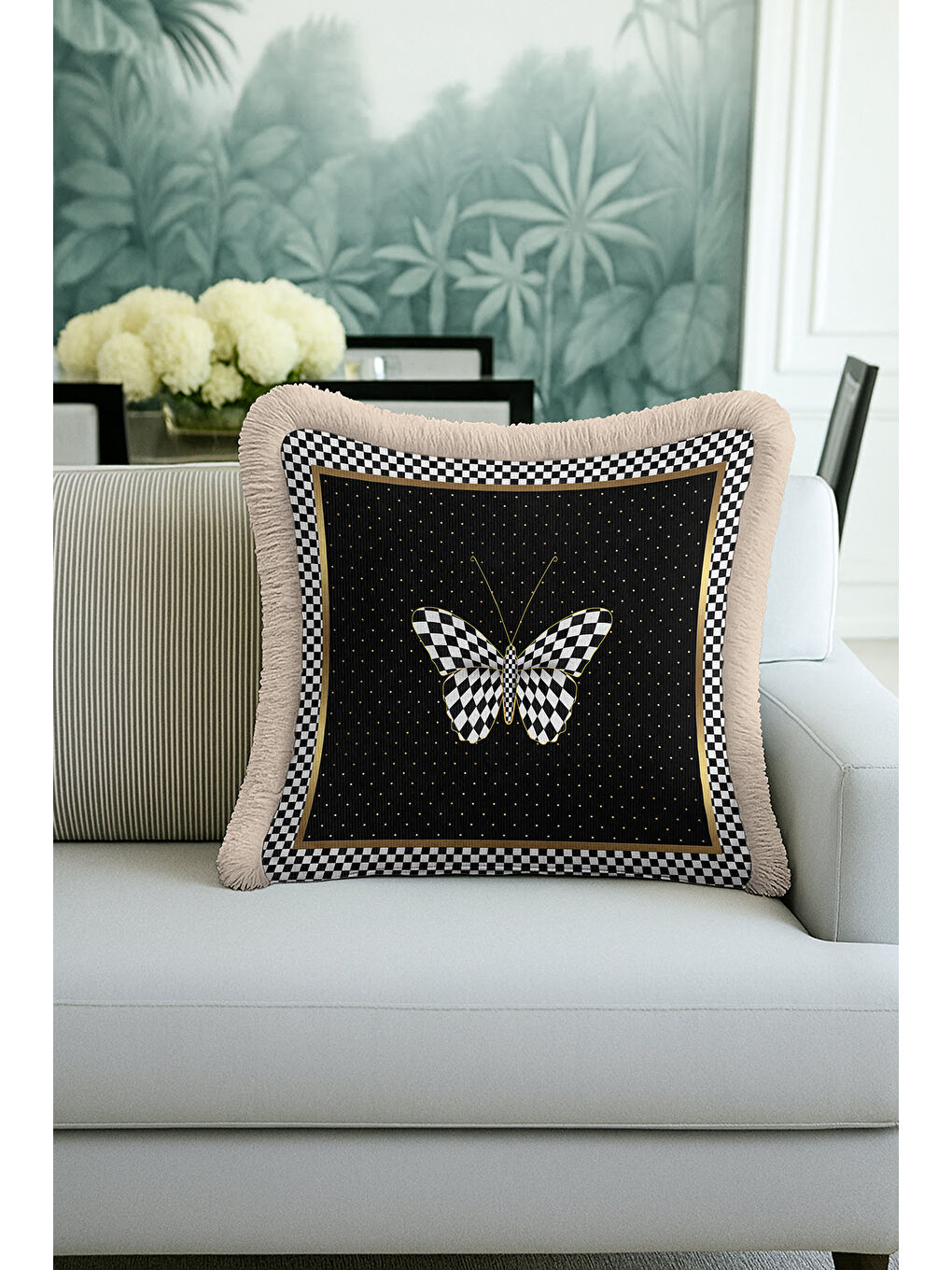 Karışık Lüks Geometrik Kelebek Saçaklı Yastık Kılıfı - Monokrom Bohem Siyah Gold Püsküllü Kırlent Kılıfı-3