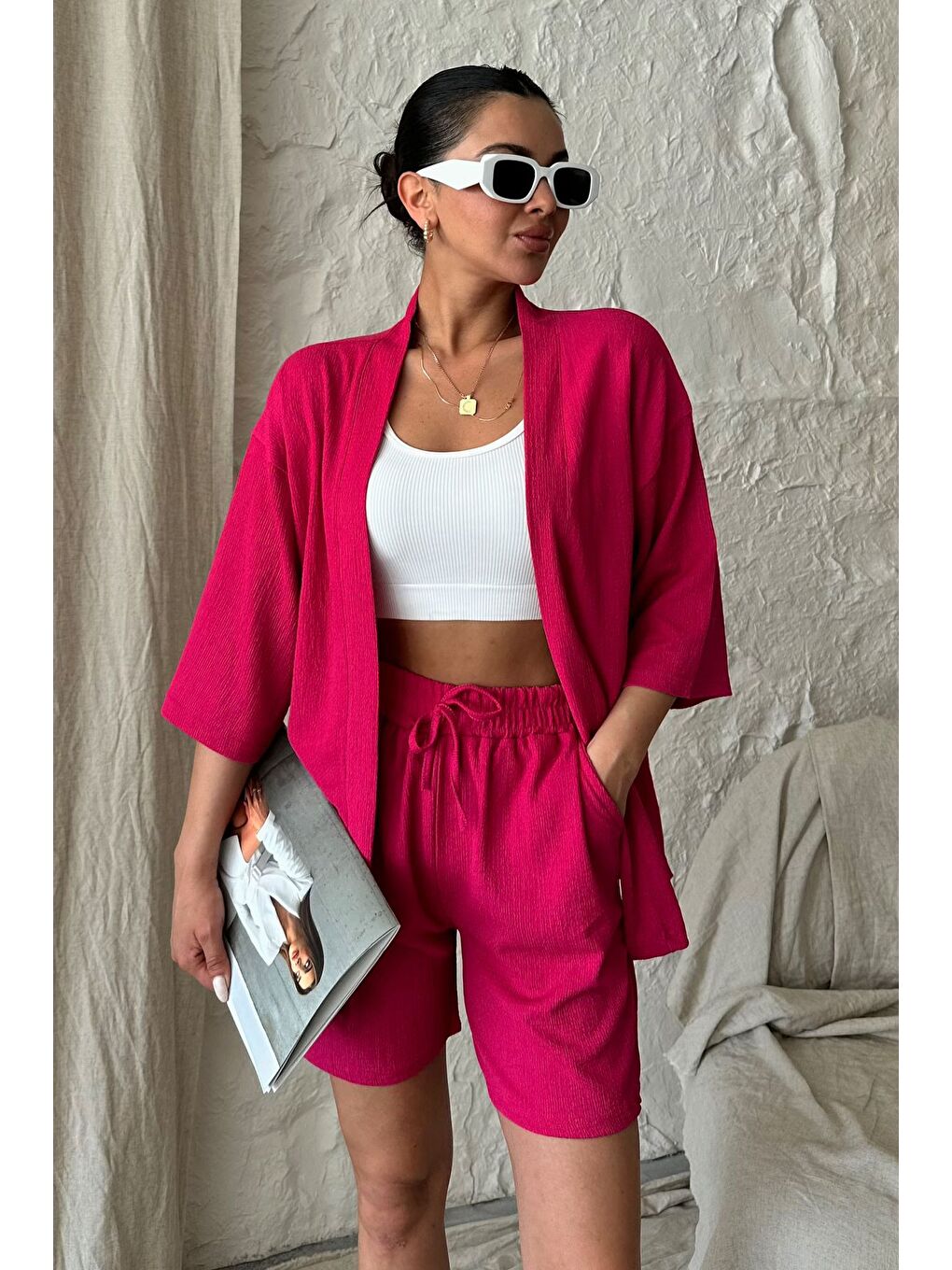 Kadın Fuşya Pembesi Kimono Gömlek Şort Alt Üst Takım-1