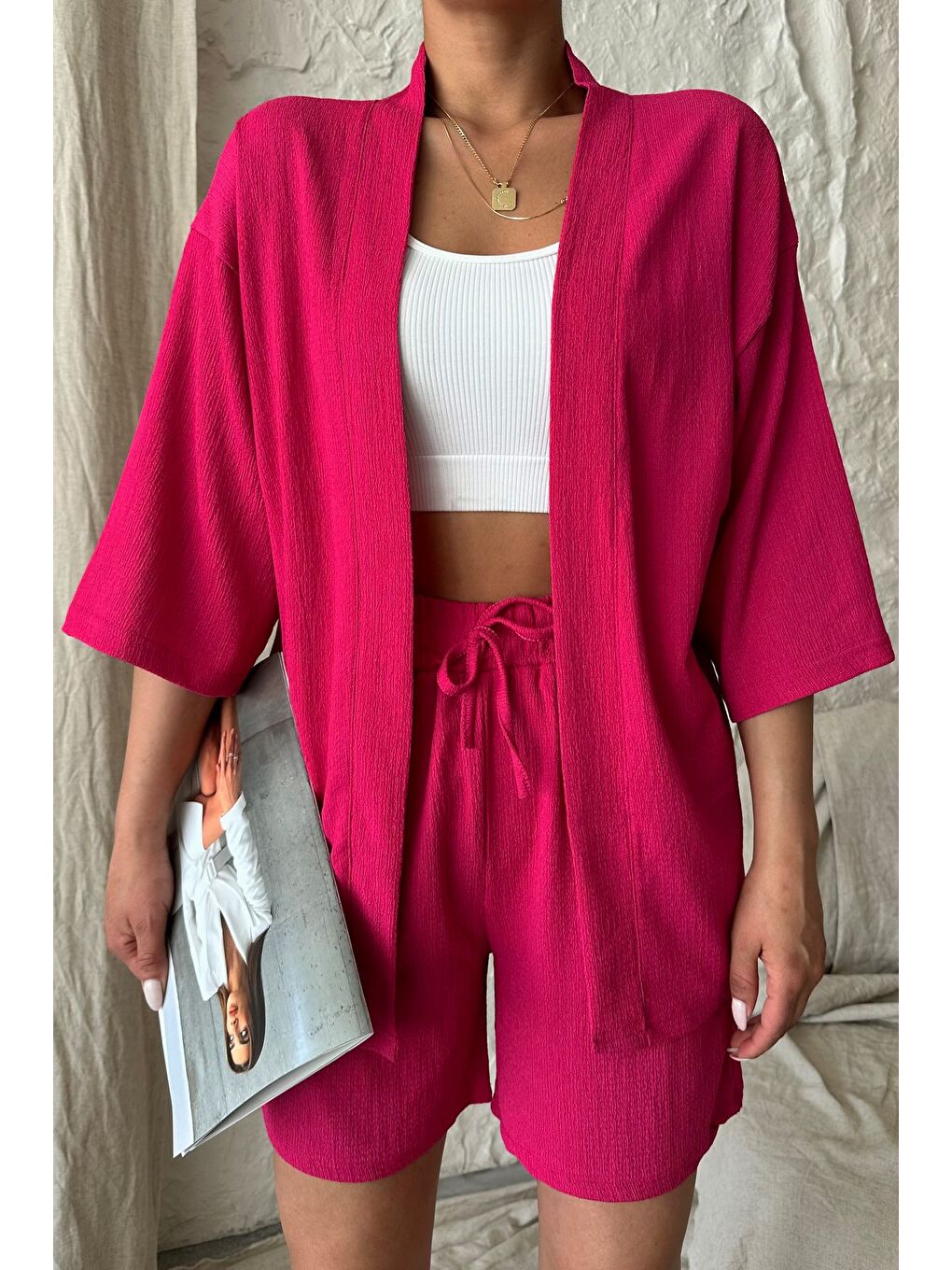Kadın Fuşya Pembesi Kimono Gömlek Şort Alt Üst Takım-2