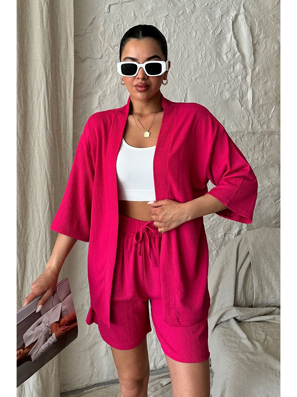 Kadın Fuşya Pembesi Kimono Gömlek Şort Alt Üst Takım-3