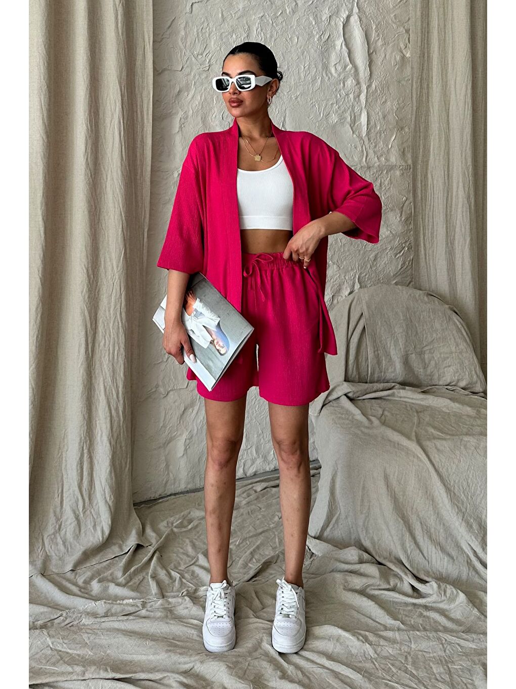 Kadın Fuşya Pembesi Kimono Gömlek Şort Alt Üst Takım-4