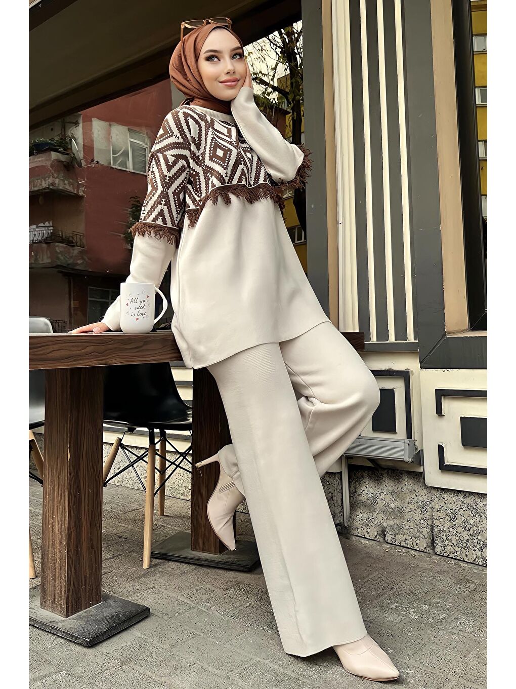 Orta Kadın Bej Triko Tunik Pantolon - 21808