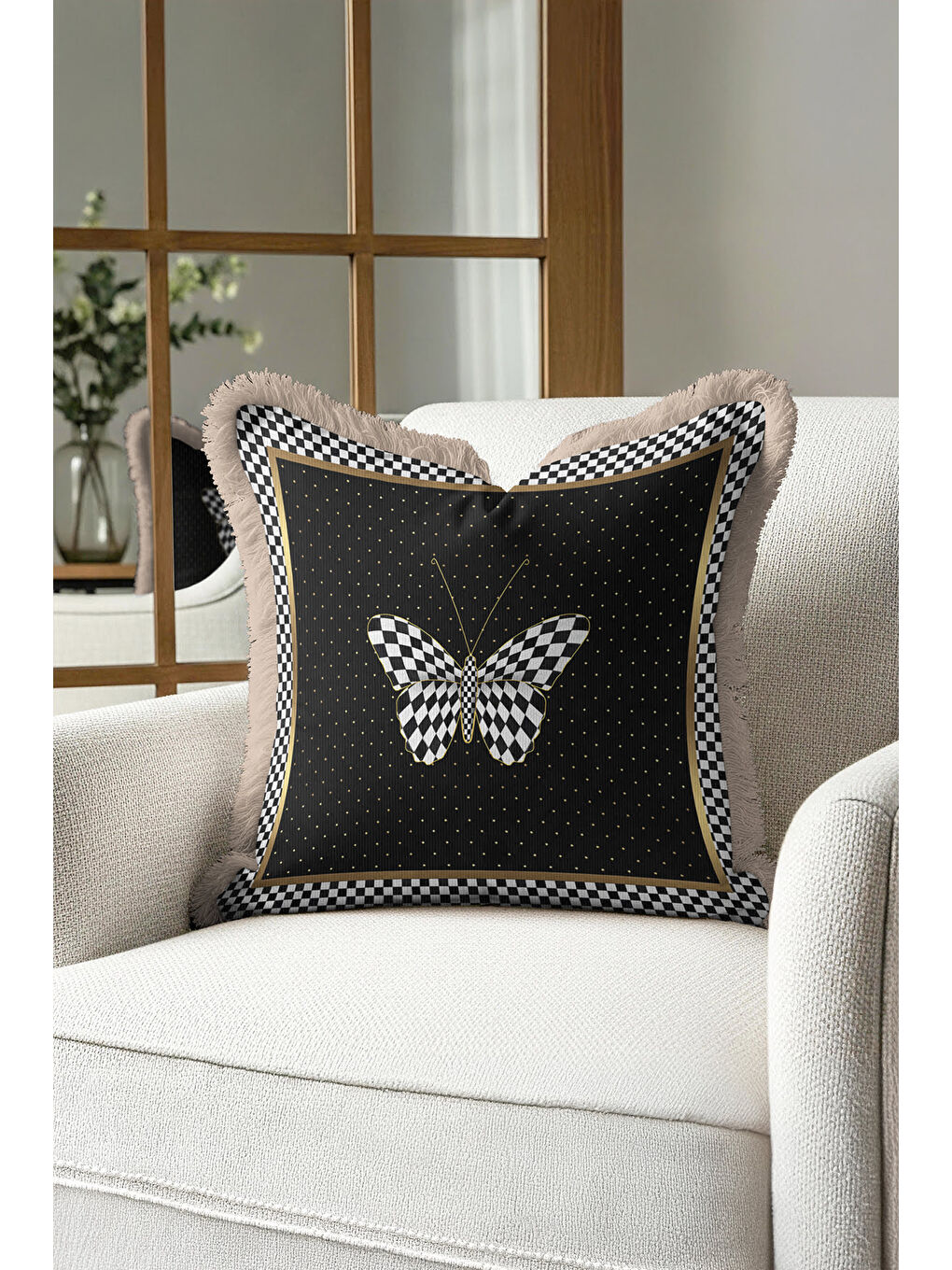 Karışık Lüks Geometrik Kelebek Saçaklı Yastık Kılıfı - Monokrom Bohem Siyah Gold Püsküllü Kırlent Kılıfı-4
