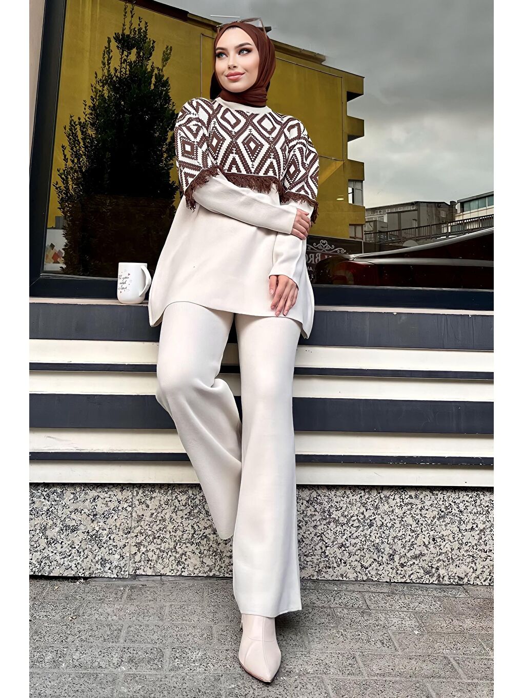 Orta Kadın Bej Triko Tunik Pantolon - 21808-1