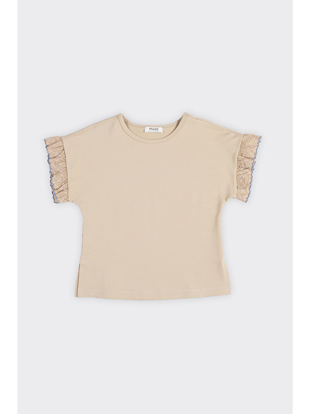 Kız Çocuk Kol Ucu Dantel Detaylı Bej Tişört-2