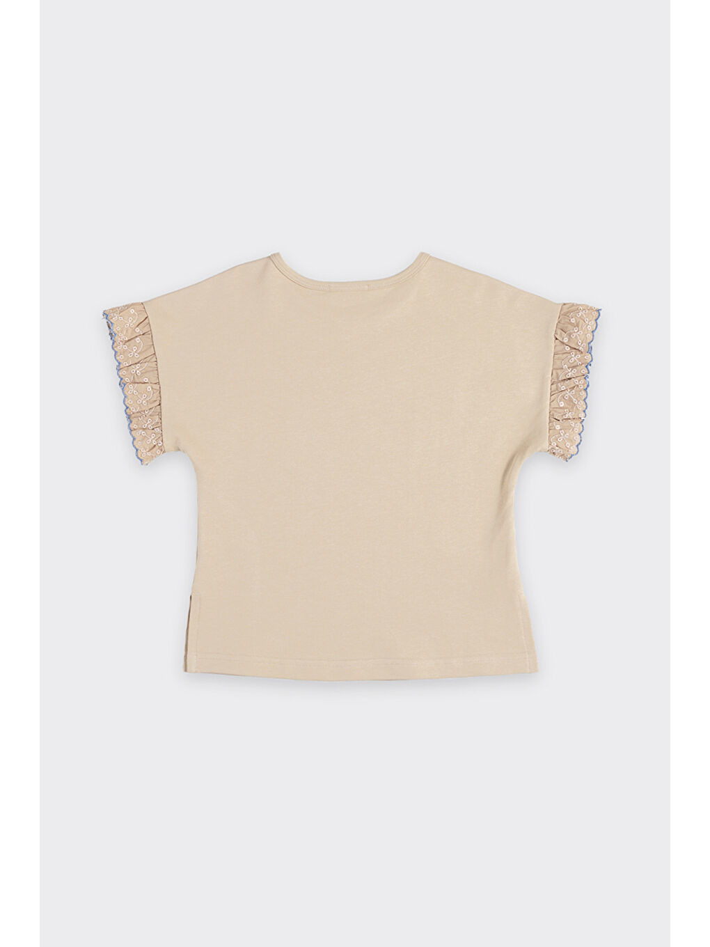 Kız Çocuk Kol Ucu Dantel Detaylı Bej Tişört-3