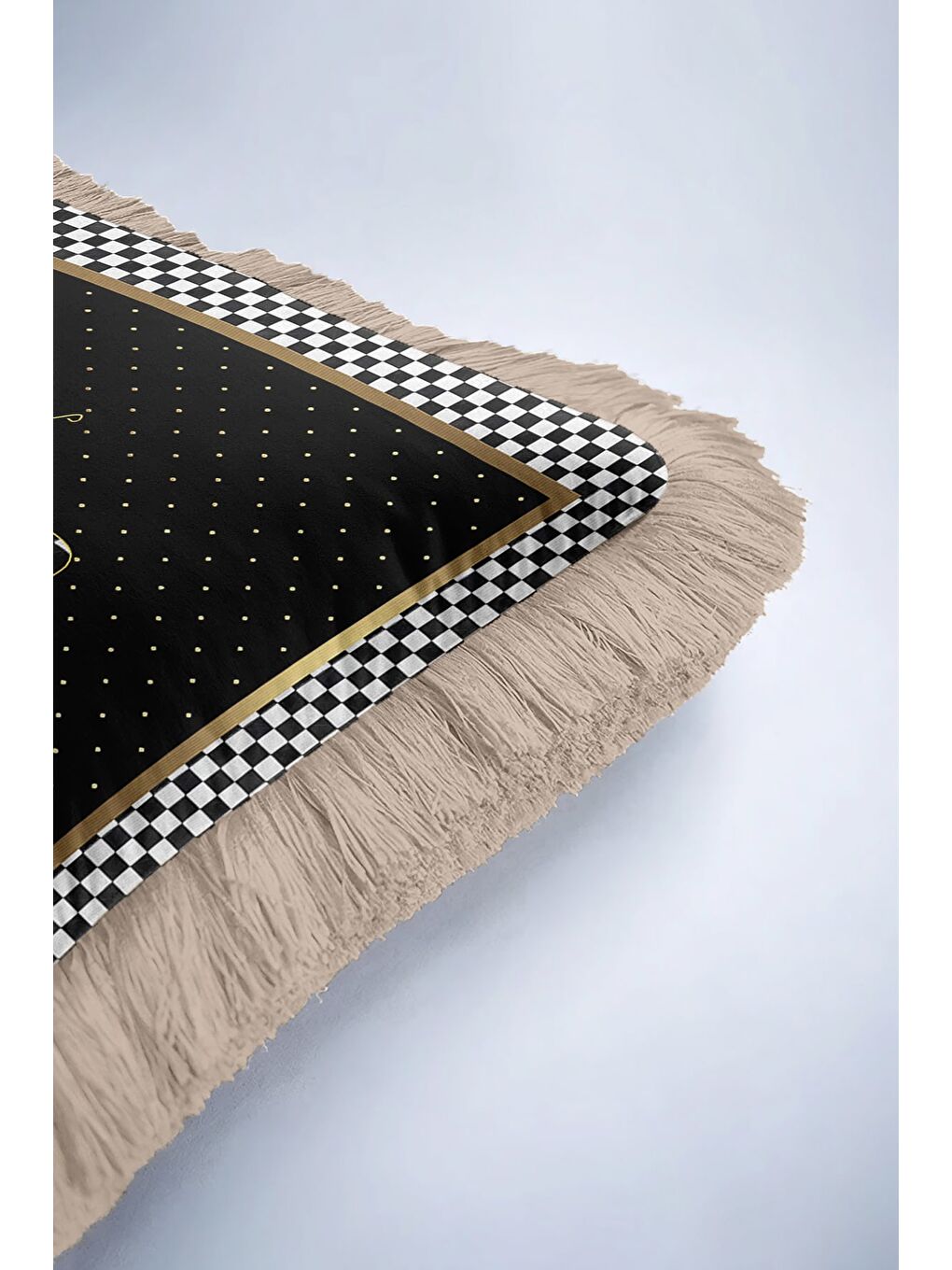 Karışık Lüks Geometrik Kelebek Saçaklı Yastık Kılıfı - Monokrom Bohem Siyah Gold Püsküllü Kırlent Kılıfı-6