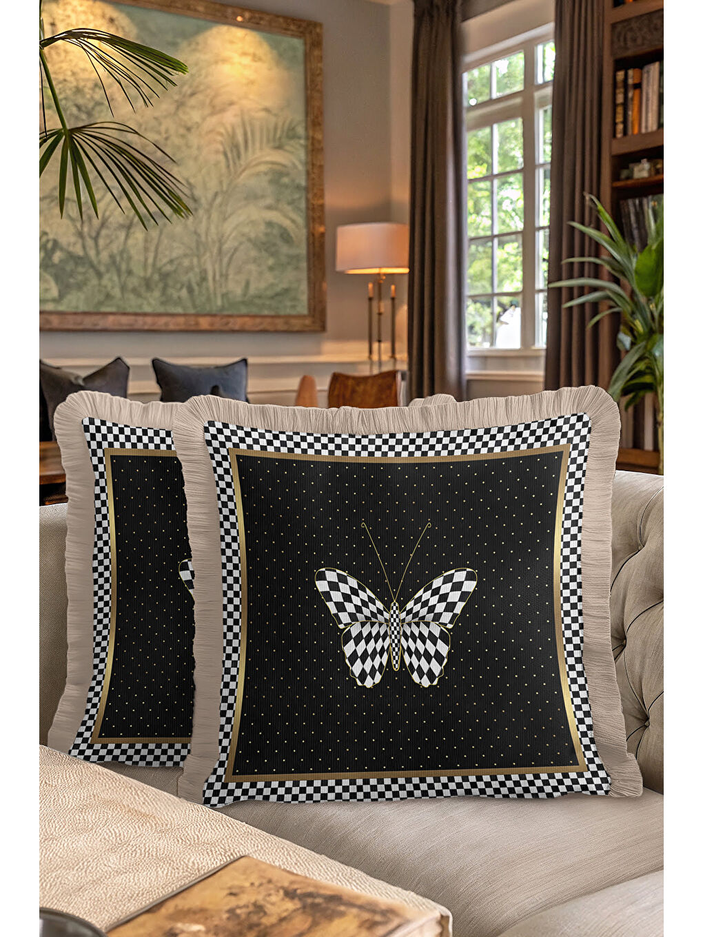 Karışık Lüks Geometrik Kelebek Saçaklı Yastık Kılıfı - Monokrom Bohem Siyah Gold Püsküllü Kırlent Kılıfı-7