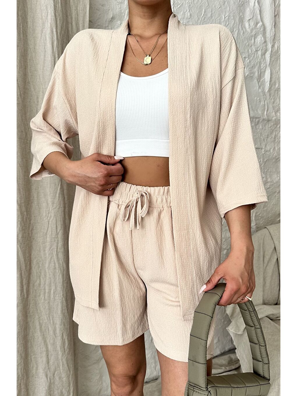 Trendseninle Kadın Bej Kimono Gömlek Şort Alt Üst Takım - 1