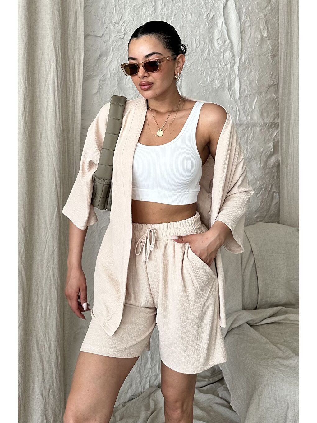 Trendseninle Kadın Bej Kimono Gömlek Şort Alt Üst Takım - 2