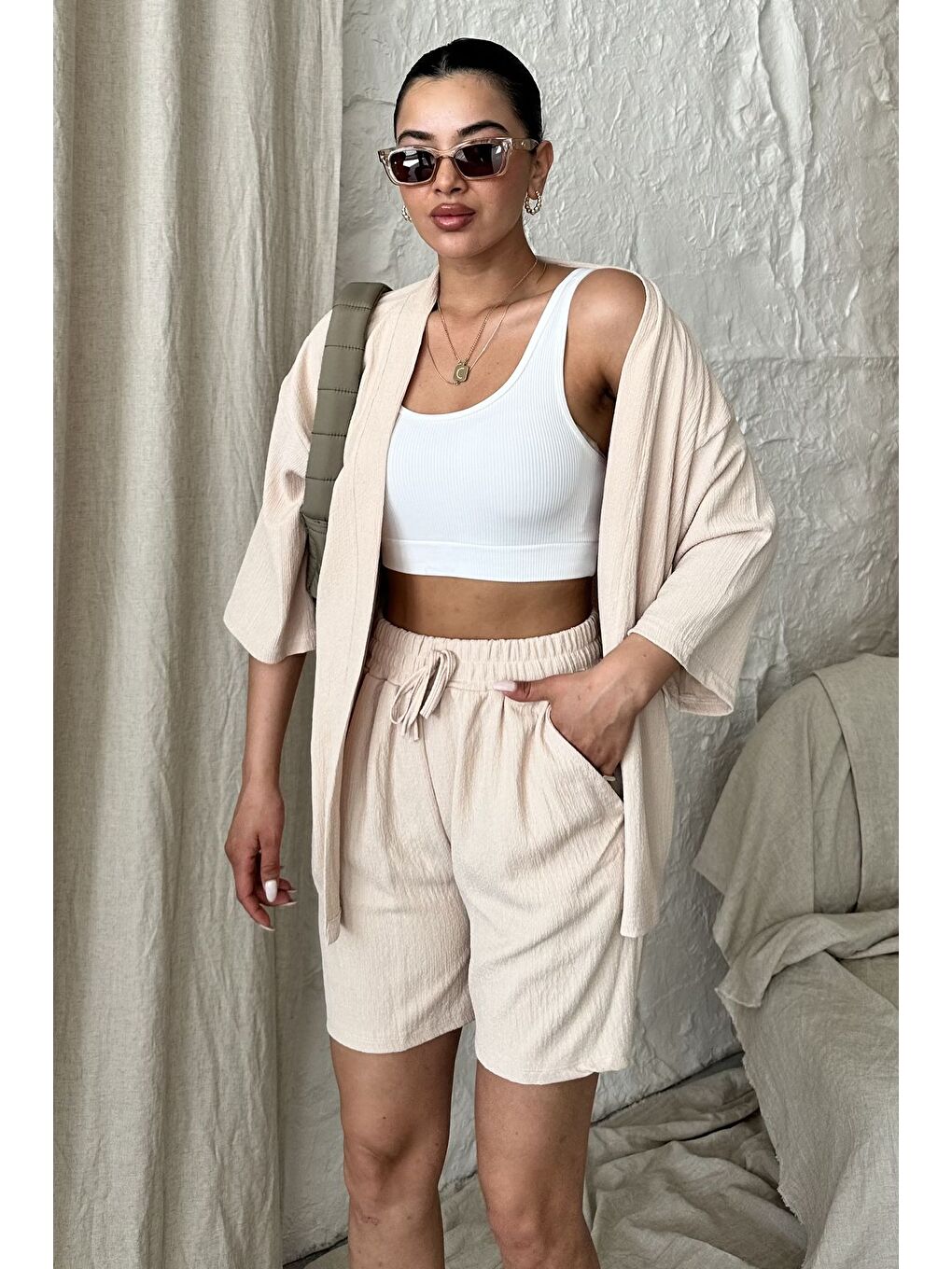Trendseninle Kadın Bej Kimono Gömlek Şort Alt Üst Takım - 3