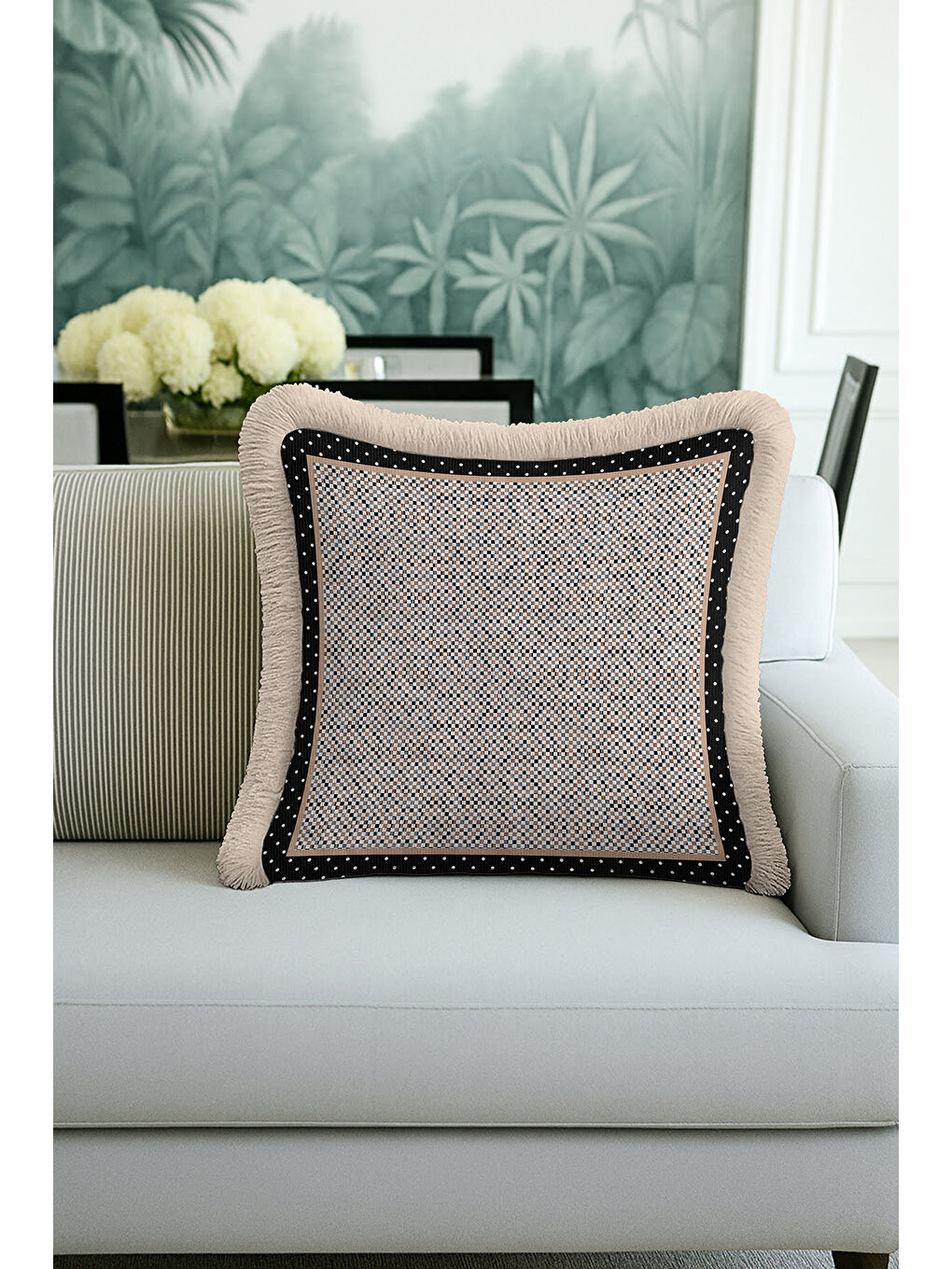 Karışık Noktalı Lüks Saçaklı Yastık Kılıfı - Retro Dokunuş Siyah Krem Altın Renkli Püsküllü Kırlent Kılıfı-1