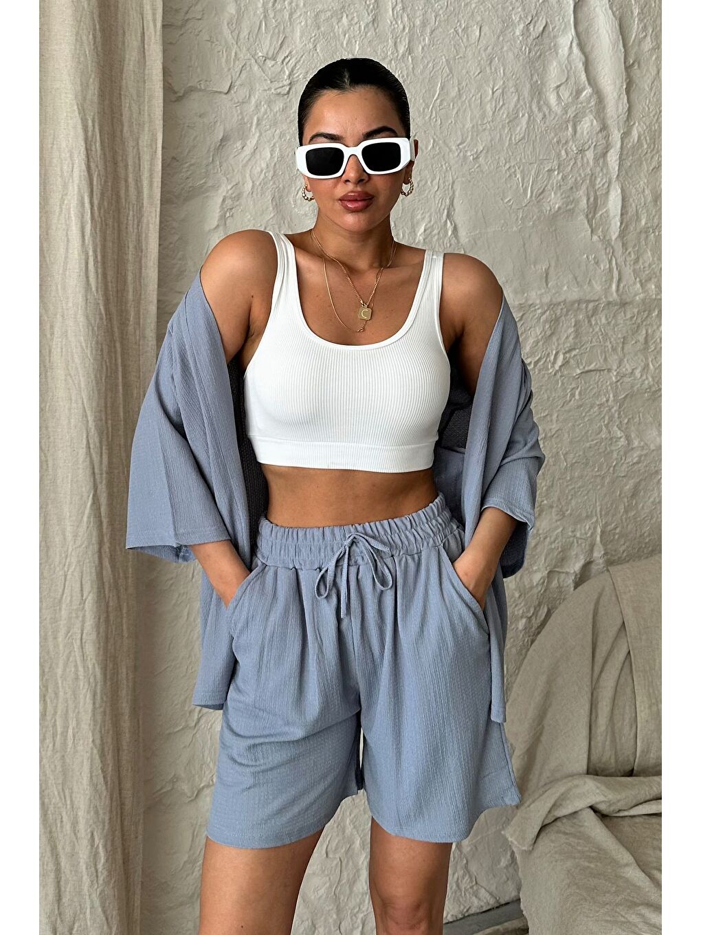 Kadın Gri Kimono Gömlek Şort Alt Üst Takım